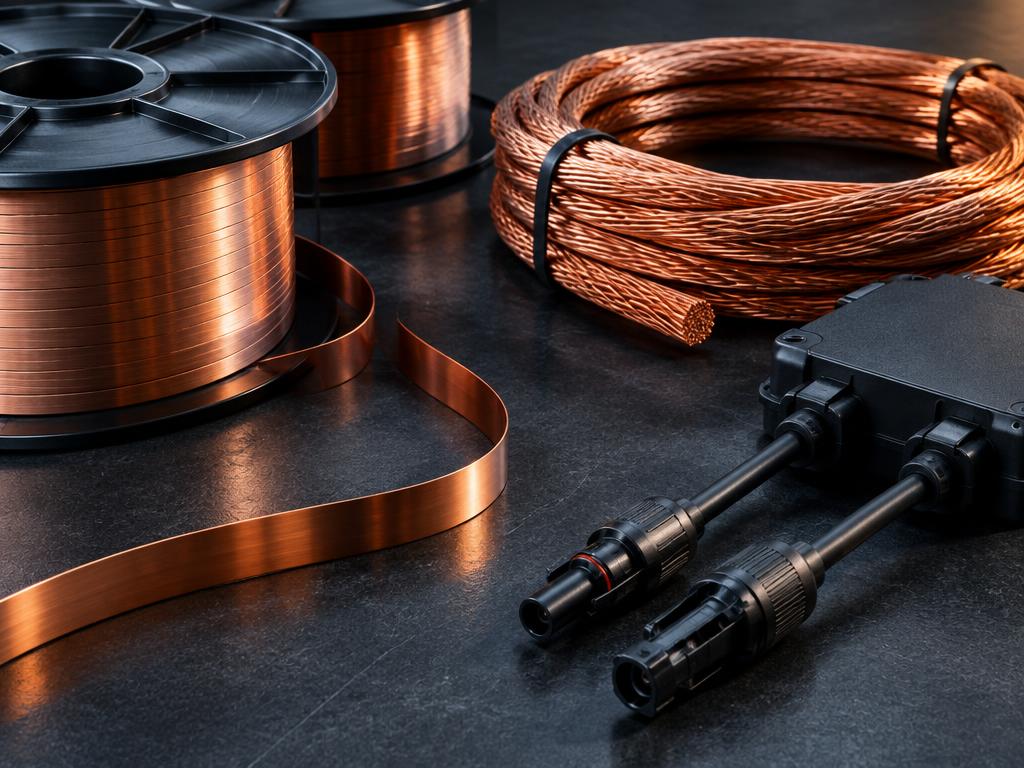 Copper interconnect ribbon spools, busbar wire and a PV junction box with connectors