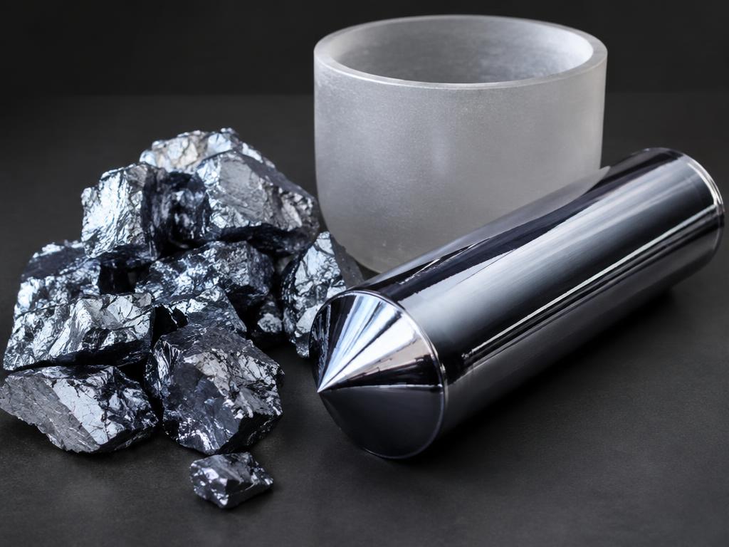 Polysilicon chunks, a polished silicon ingot and a quartz crucible on a dark industrial surface