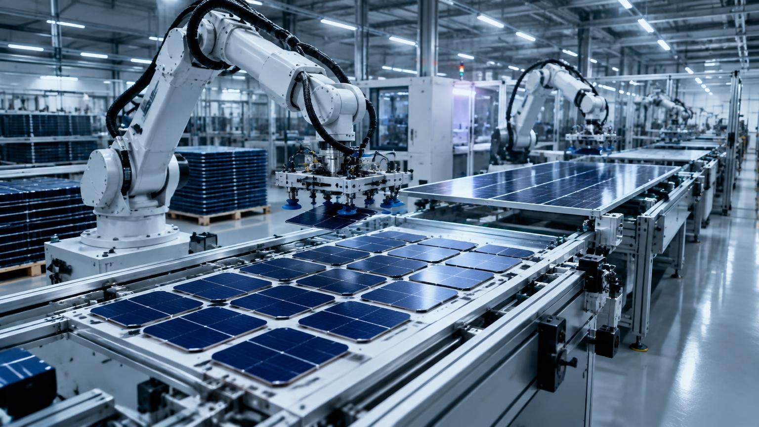 Automated solar module manufacturing line with robotic handling of solar cells